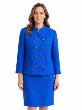 Vintage cobalt blue Jackie Kennedy wool MCM mod suit skirt set designer vibe S/M